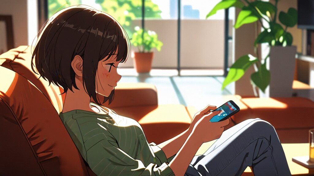 スマホ画面を眺める女性