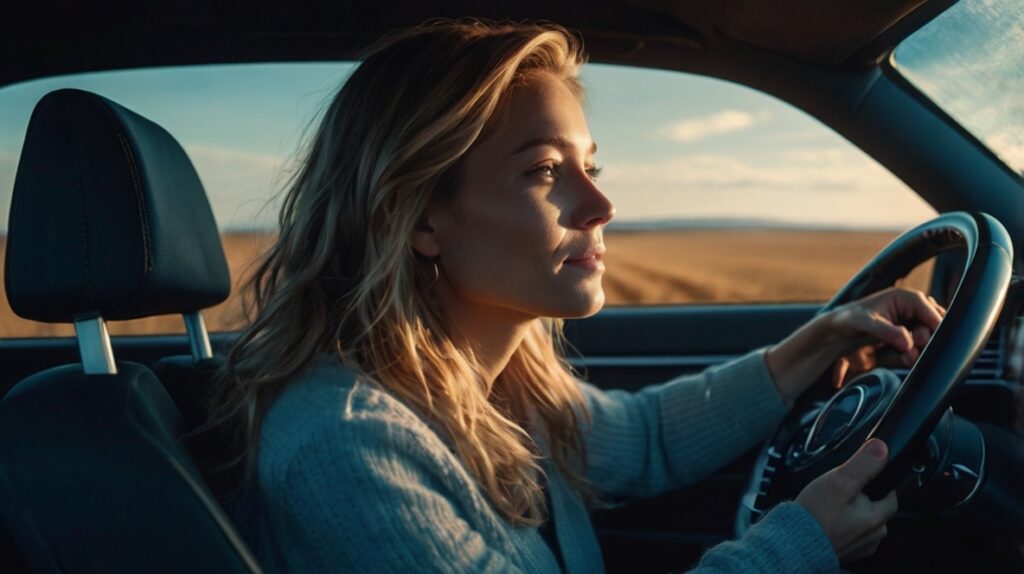 ハンドルを握って進む女性