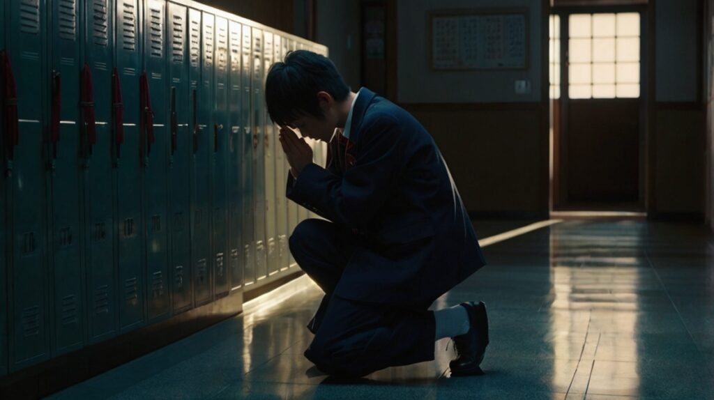 バレンタインデーに下駄箱で祈る男子学生