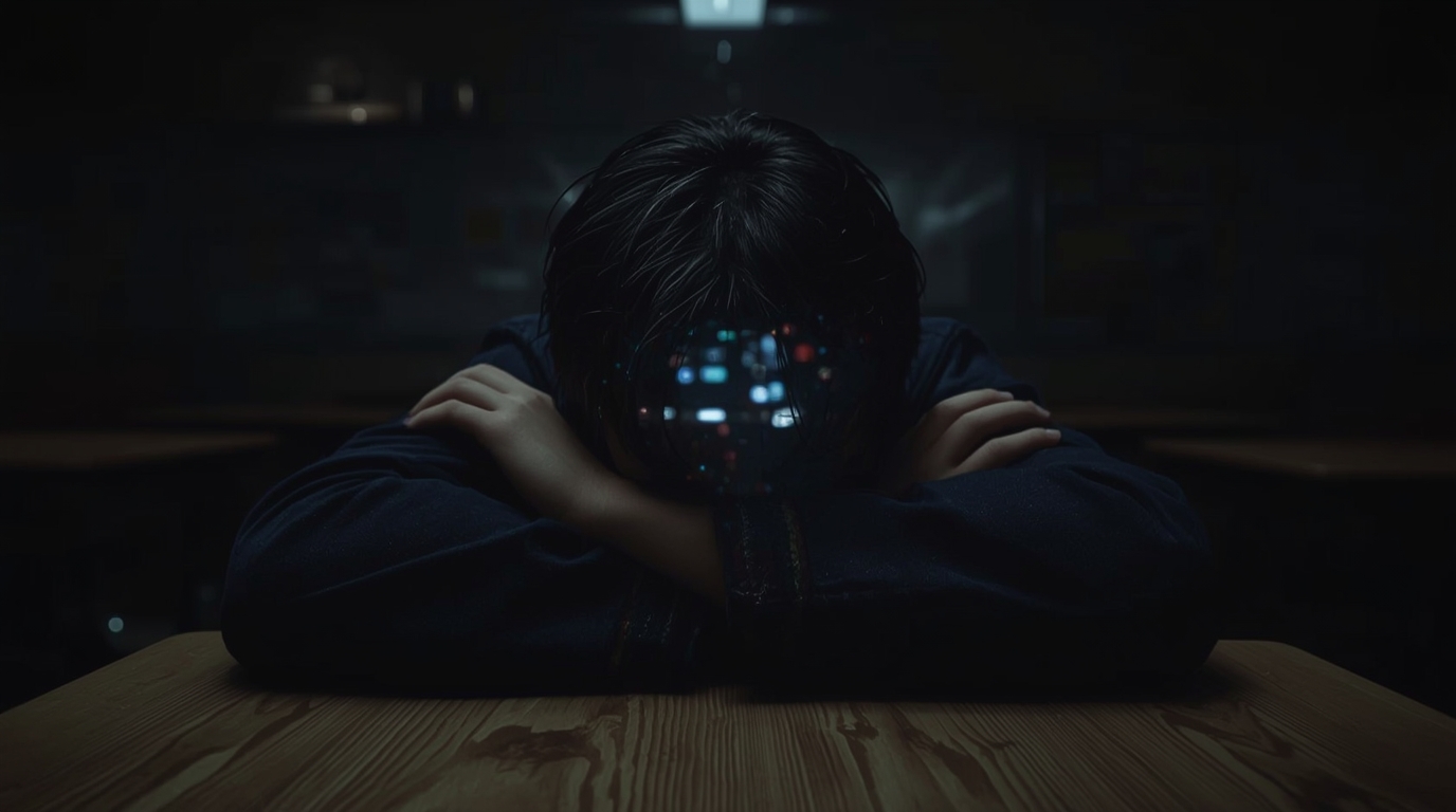 突っ伏して寝たフリをする男子生徒