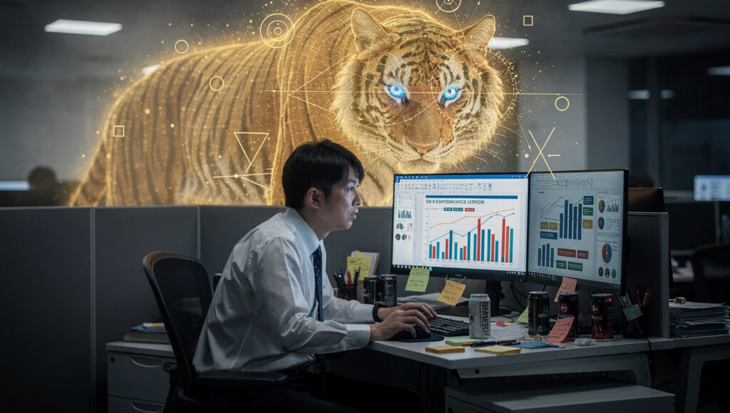 プレゼン資料作成をずっと見てたゴールドタイガー