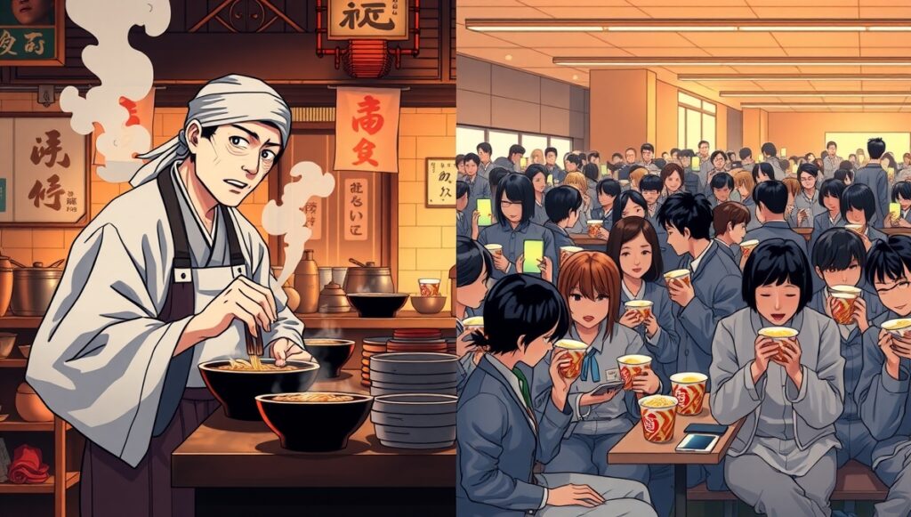 ラーメン職人と、カップラーメンを楽しむ人々