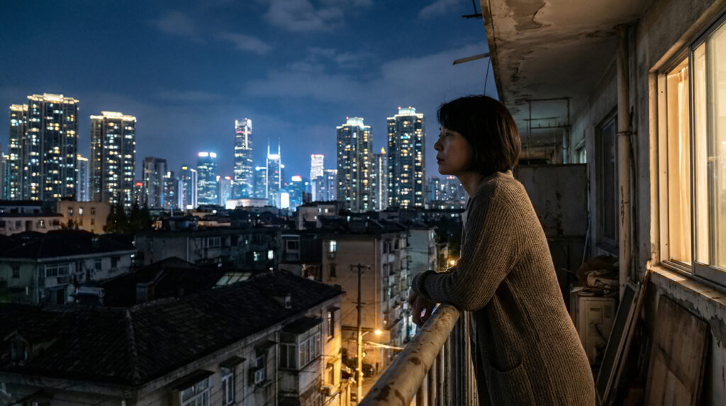 タワマンを見つめる女性