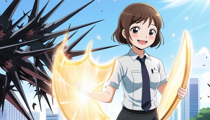 盾でマウンティングを守る女性