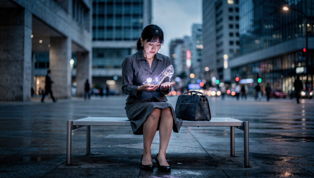 ガラスの靴を見つめる女性