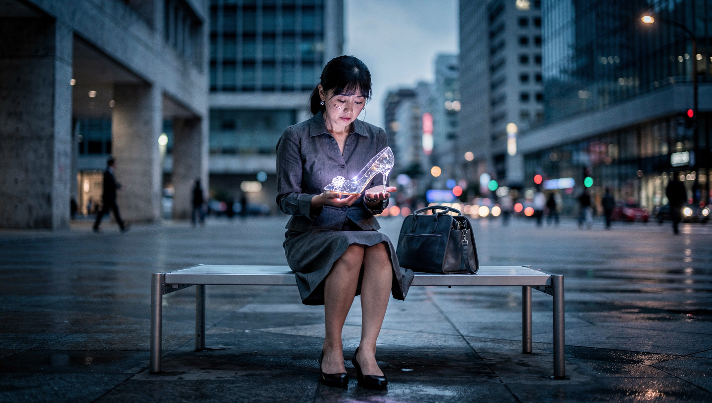 ガラスの靴を見つめる女性