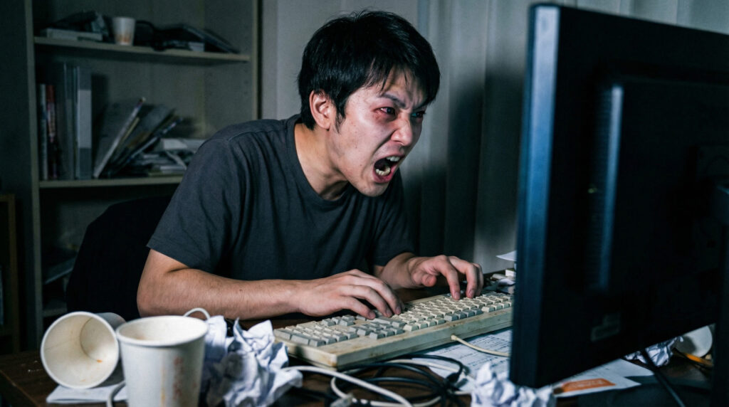 特定の個人や企業、作品に対する辛辣な言葉を紡ぎ出していく男性