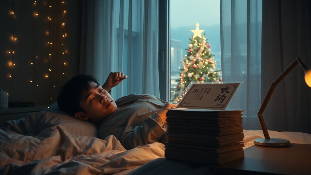 クリスマスの数日後に年賀状を手に取る男性