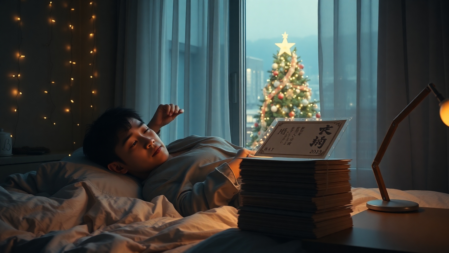 クリスマスの数日後に年賀状を手に取る男性