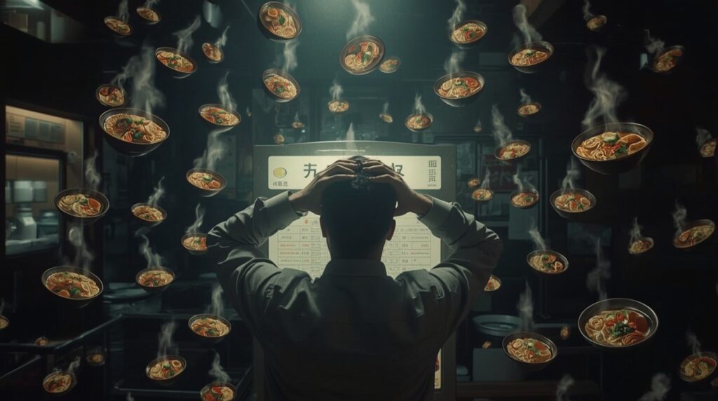 食券機の前で決めあぐねる男性