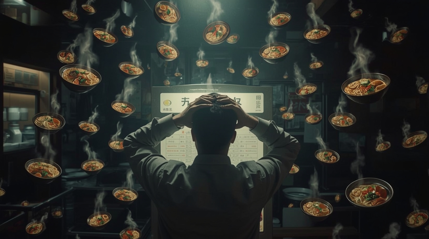 食券機の前で決めあぐねる男性