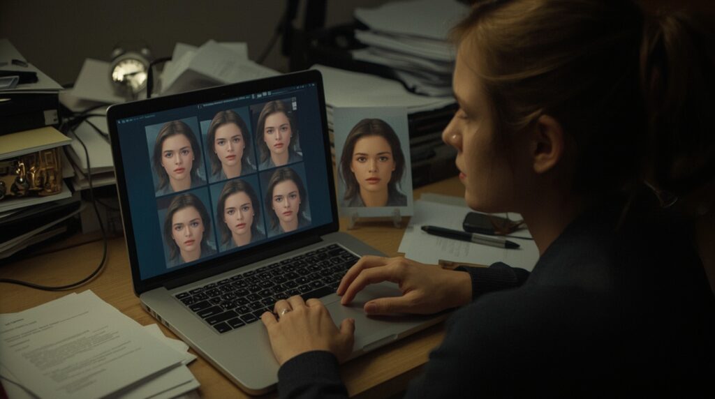 リモート会議直前にフィルタ設定を検証する女性