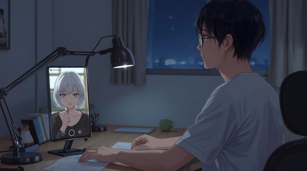 タブレットに映る推しを見る人物