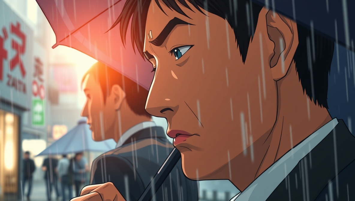 雨に濡れた同僚の隣で傘を差す男性会社員