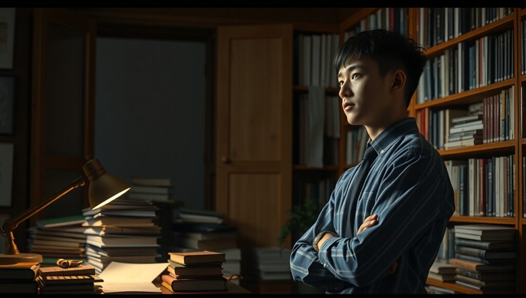 本棚の順番を検討する男性