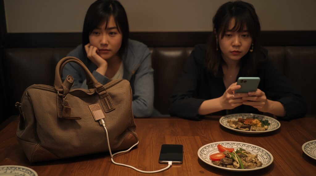 テーブルの上に置かれたやや大きめのバッグ