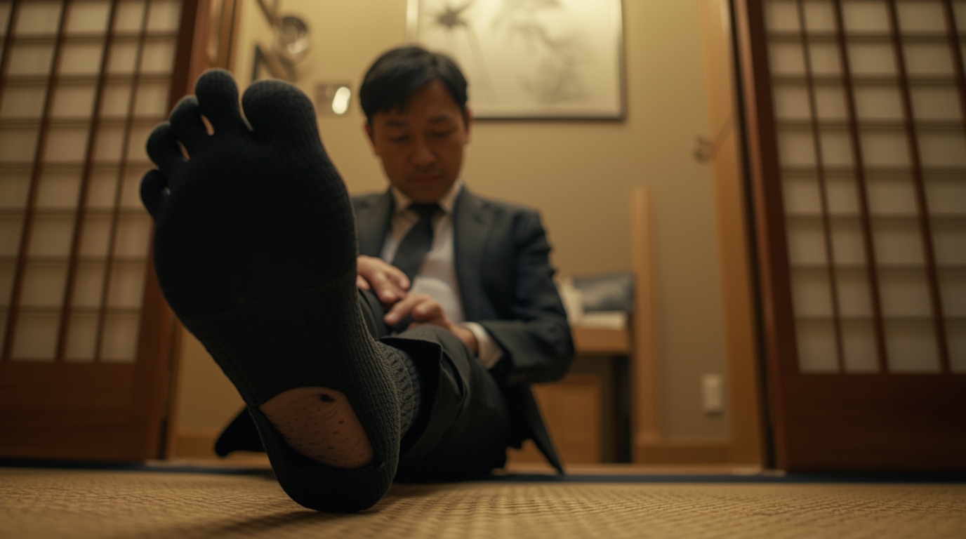 穴の空いた靴下を履いた男性