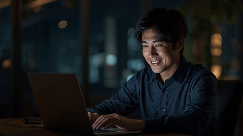 感謝に包まれ引き継ぎ資料を作成する男性