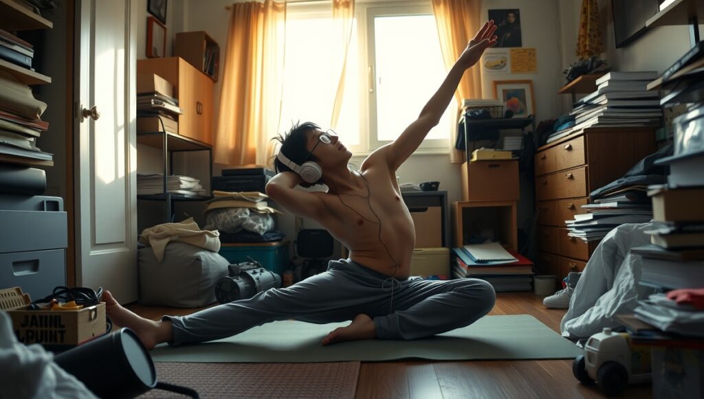 自宅で好きな音楽を聴きながらヨガマットを広げる男性