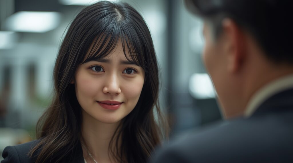 愛想笑いする人物