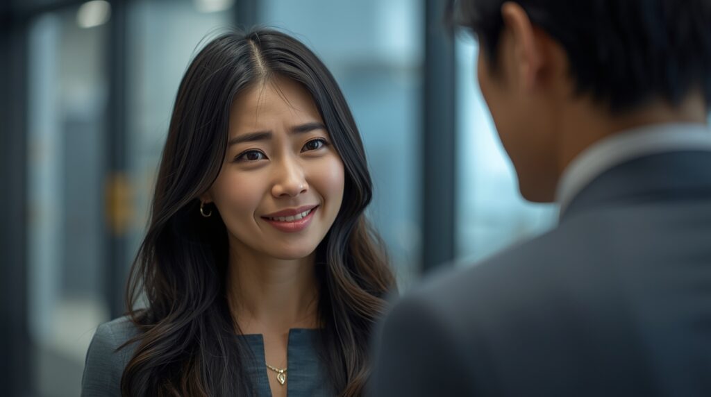 嫌いな相手の前で愛想笑いをする女性