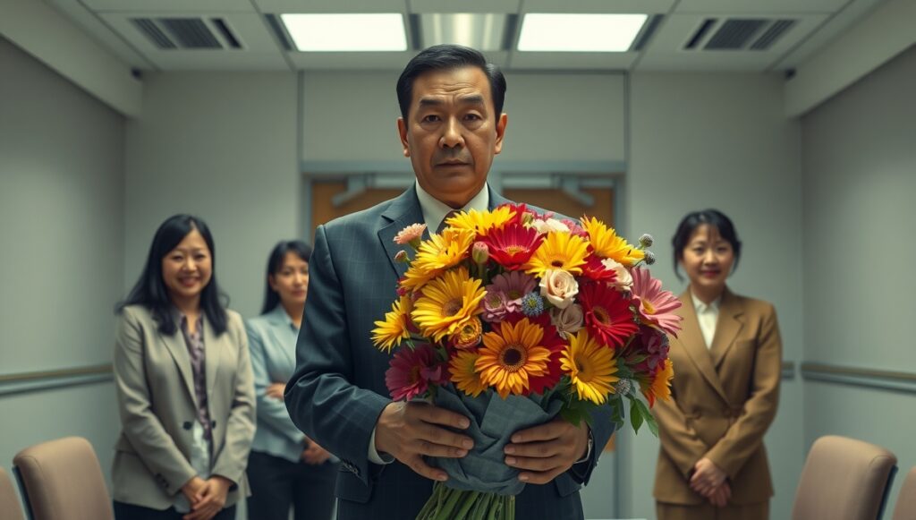 花束を渡す上司