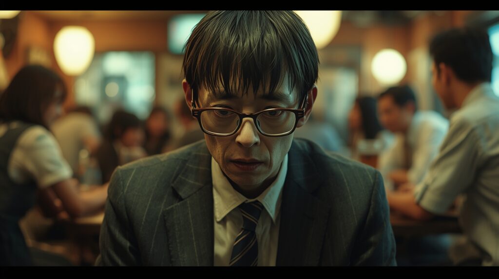 歓迎会でうなだれる男性