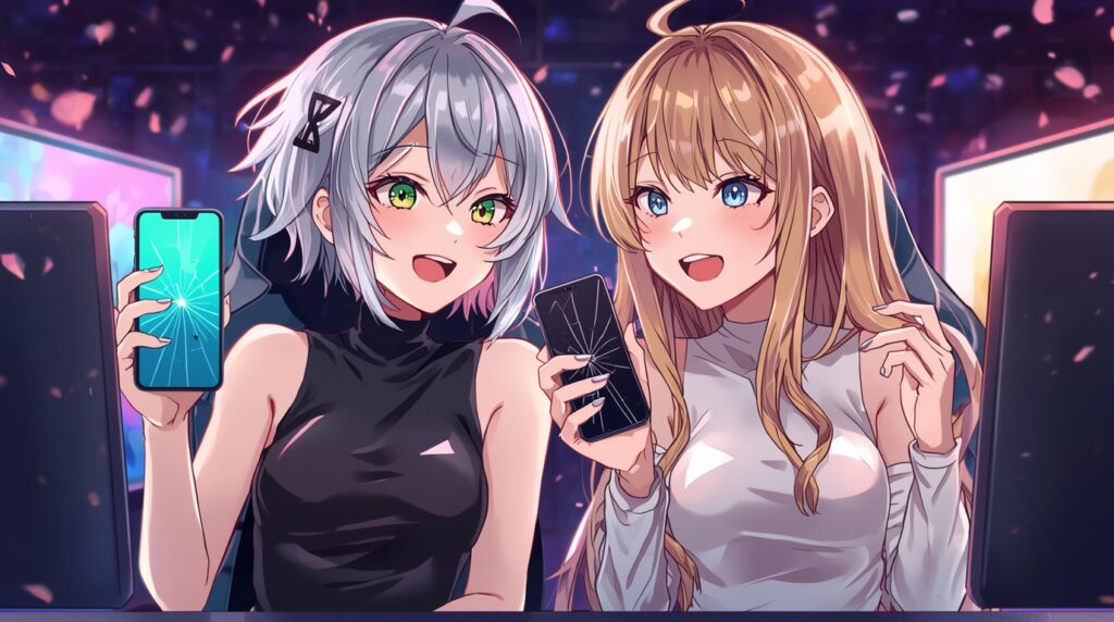 画面が割れたスマホを見せ合う人物