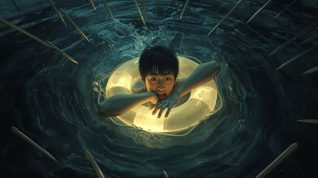 浮き輪で沈まないようにする男性