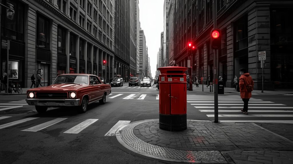 赤い車、赤いポスト、赤い信号、赤い看板がカラーバス効果によって強調される様子