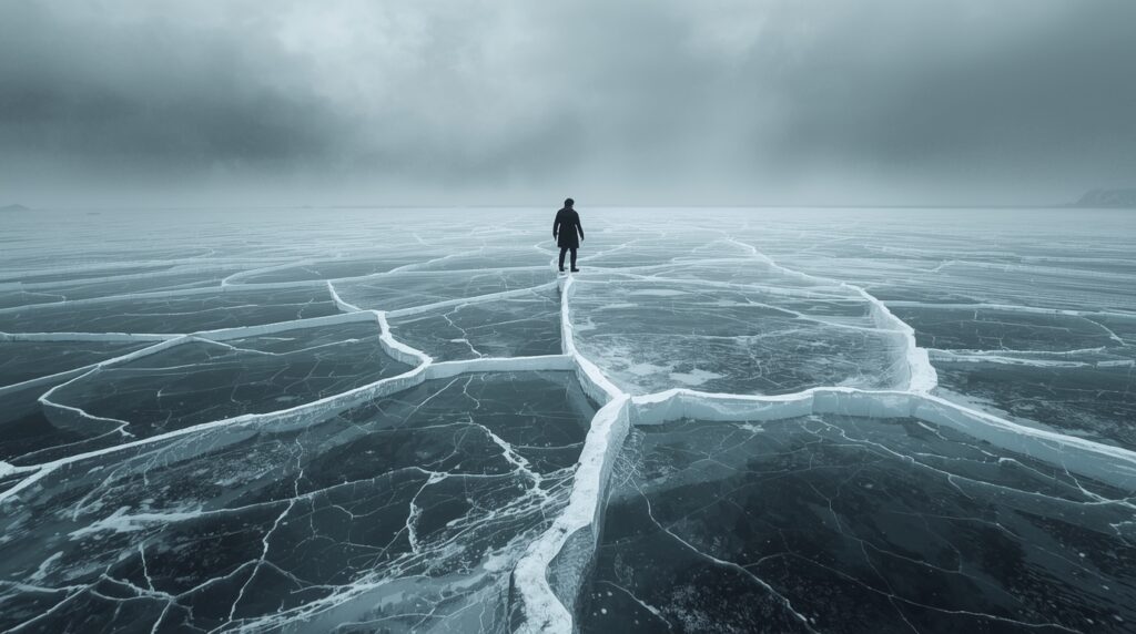 薄氷の上に立つ人物