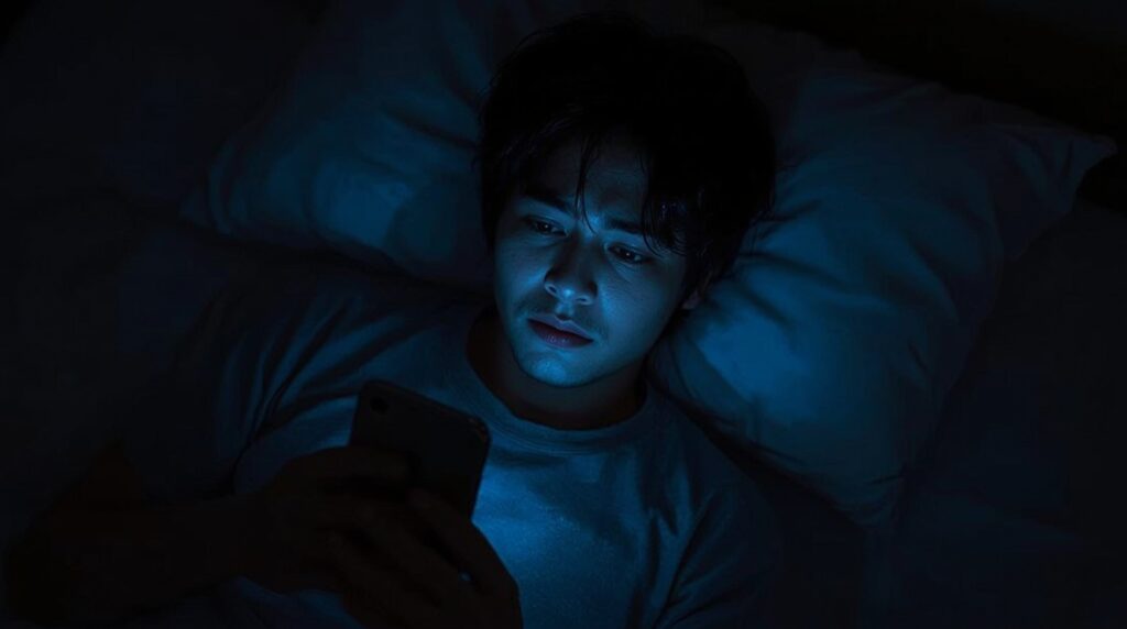 深夜にスマホを閲覧する男性