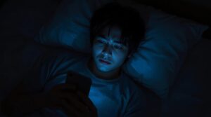 深夜にスマホを閲覧する男性