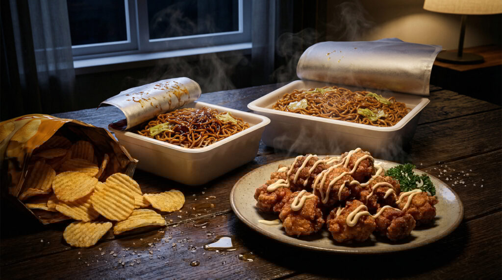 カップ焼きそばとポテチと唐揚げ