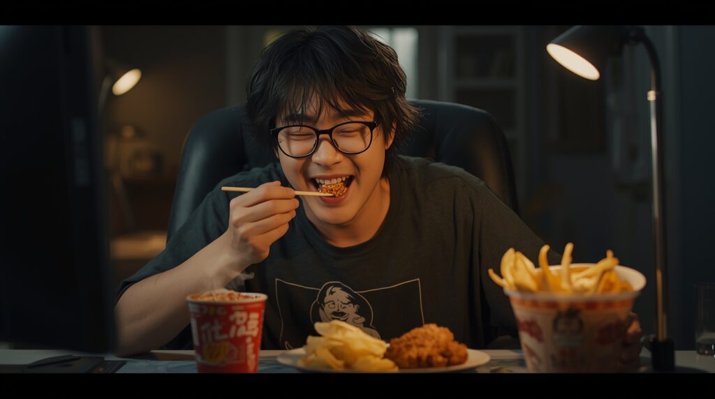 夜食を食べる男性