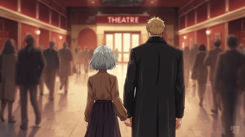 劇場の中へ消えていく2人