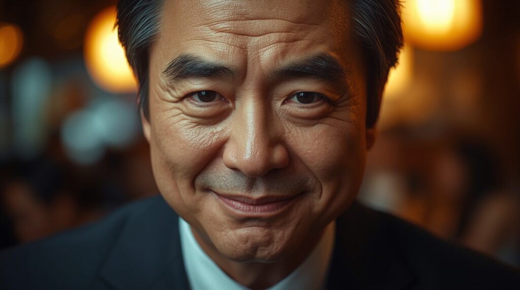 飲み会の席でにこやかに微笑む経営者