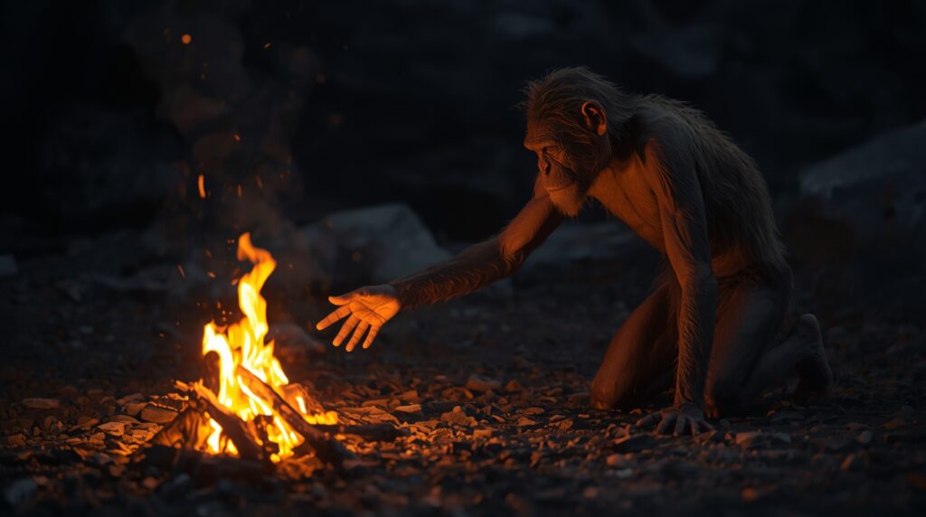 火を見つめている人類の祖先
