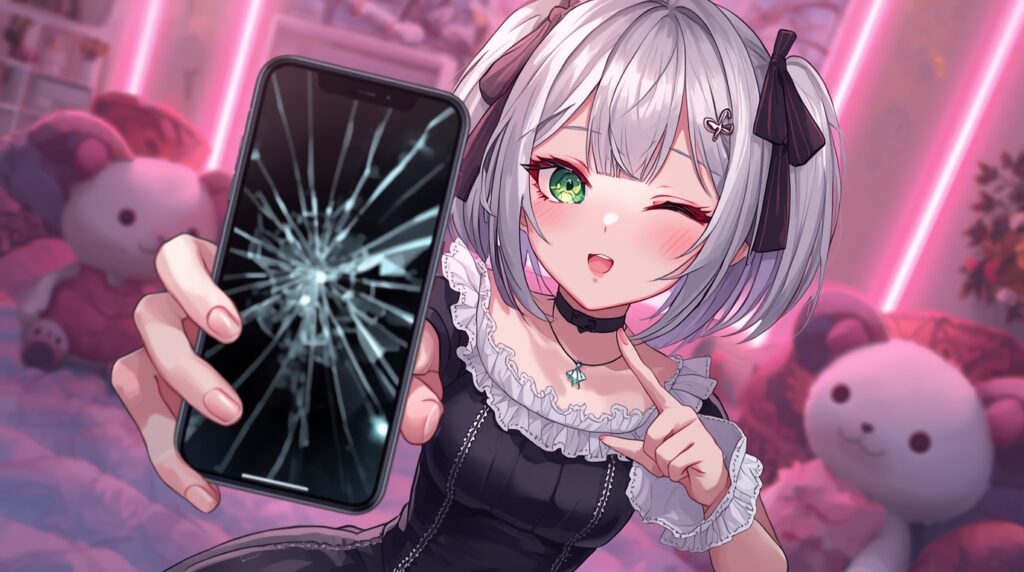 バキバキの画面のスマホを持つ人物