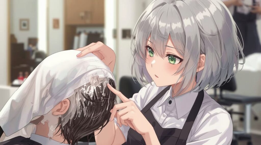 かゆい方じゃない方に指を当てる美容師