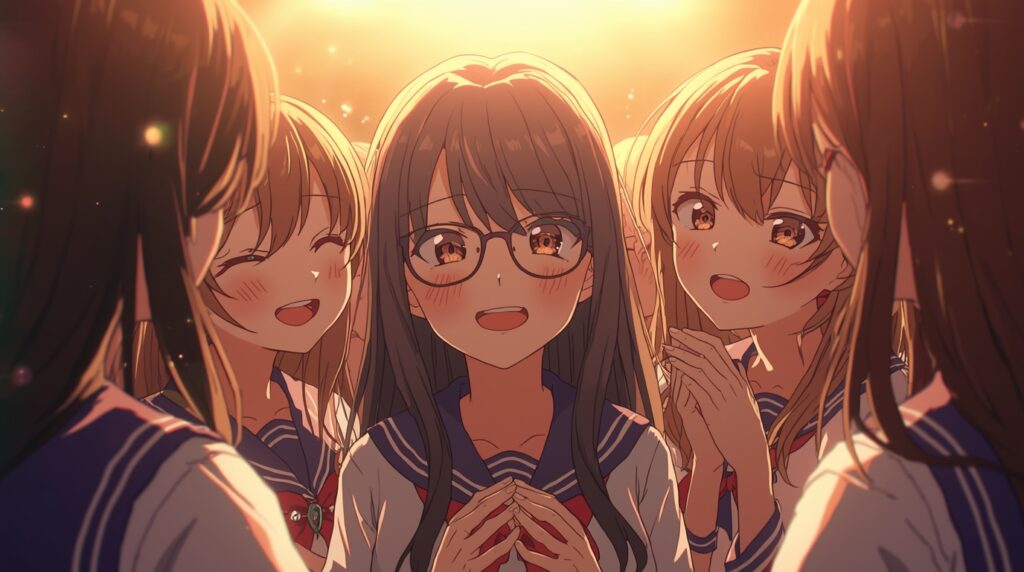 コンクール後に健闘を称えあう女子生徒