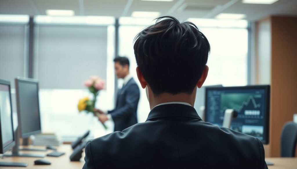 花束を受け取る退職者を見届ける残留社員