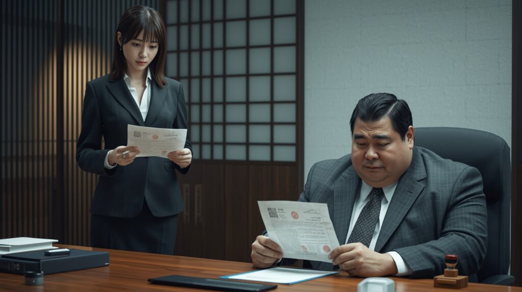 決裁印をもらう女性