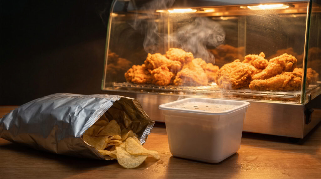 ポテチとカップ焼きそばと唐揚げ