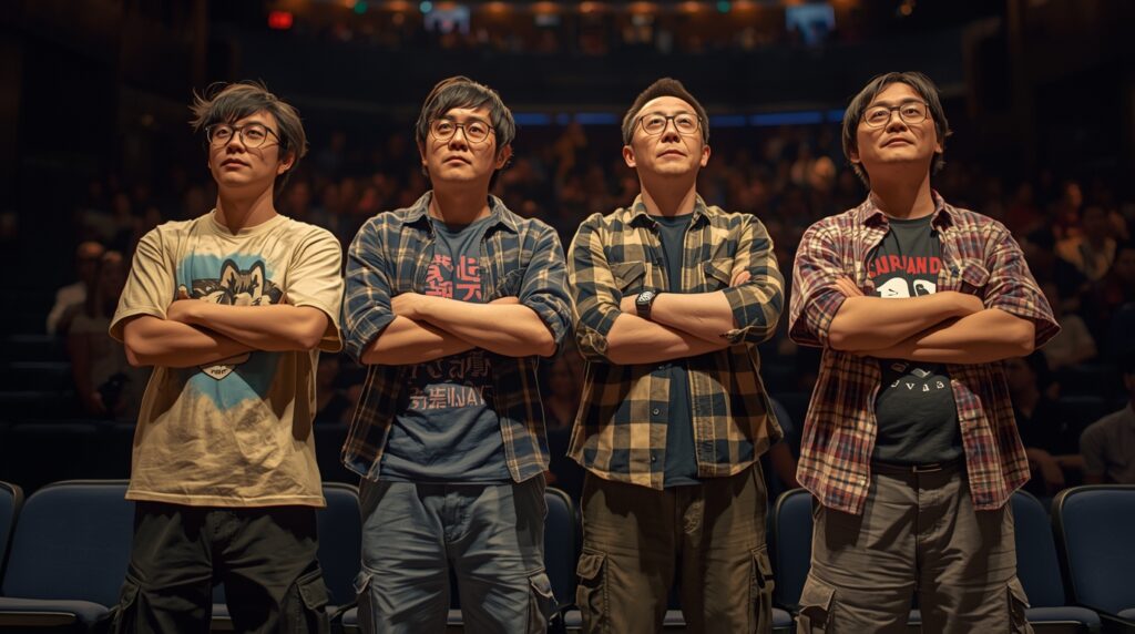 示し合わせたかのように同じような距離感で同じような姿勢を取る後方腕組み勢