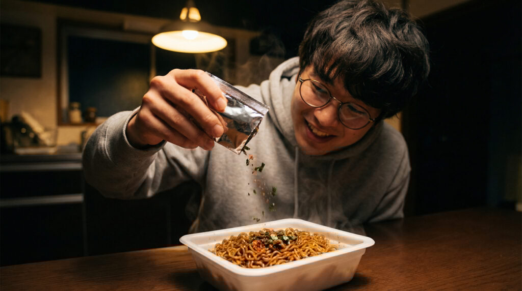カップ焼きそばにスパイスをかける人物