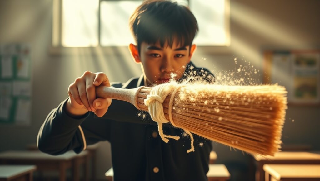 ほうきをバットに見立てる男子生徒