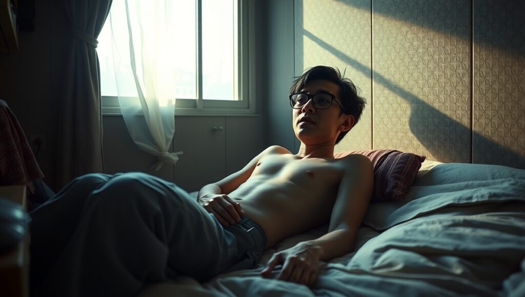 筋肉痛で起き上がれない男性