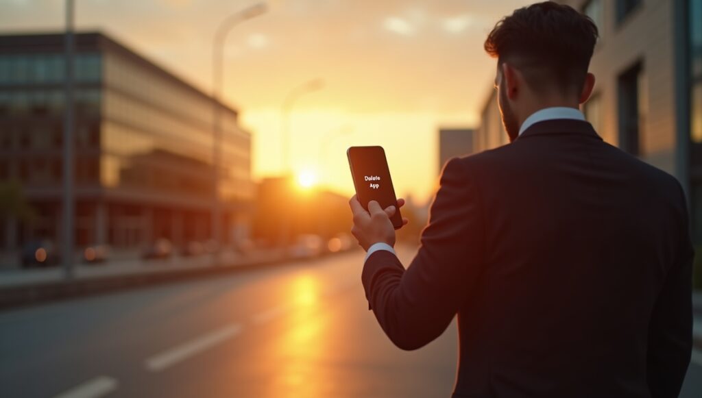 退職して、社内で使用していたアプリを削除する男性