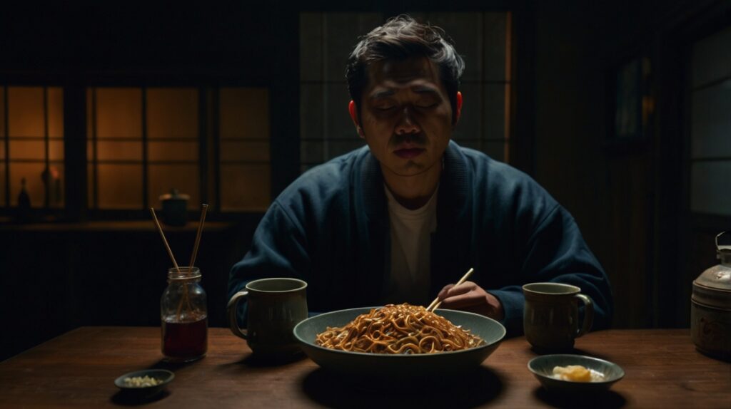 深夜に焼きそばを食べる人物